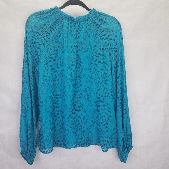 Lilly Pulitzer Caline Blouse Women M Teal Bay Silk Swirl Clip Silver Puff Sleeve - Picture 7 of 16